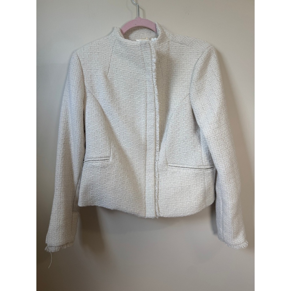 Basque Cream Tweed Asymmetrical Zip Blazer Jacket Frayed Trim Funnel Neck Ivory